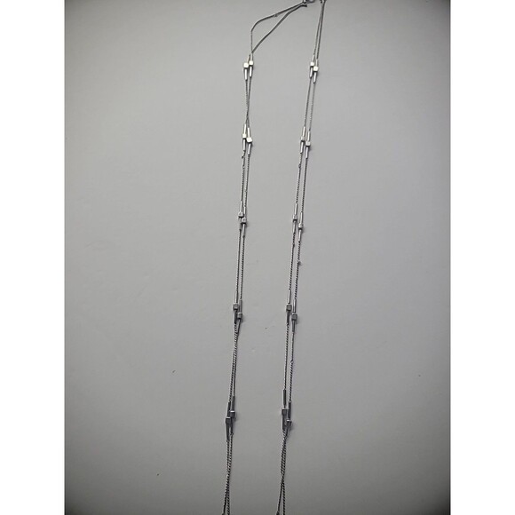 Vintage Necklace Silver Tone Double Strand Chain Bead Bar Jewelry Costume - Picture 12 of 12